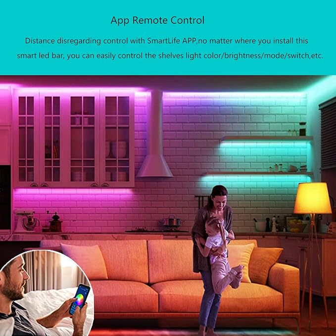 Plug In Under Cabinet Lighting, RGB LED Light Bar Works with Alexa, Google Assistant, Smart App, 20Inch, Ultra-Thin Room Lights Strip Dimmable for Kitchen Counter, Shelf, Desk, Closet, Music Sync,1pcs