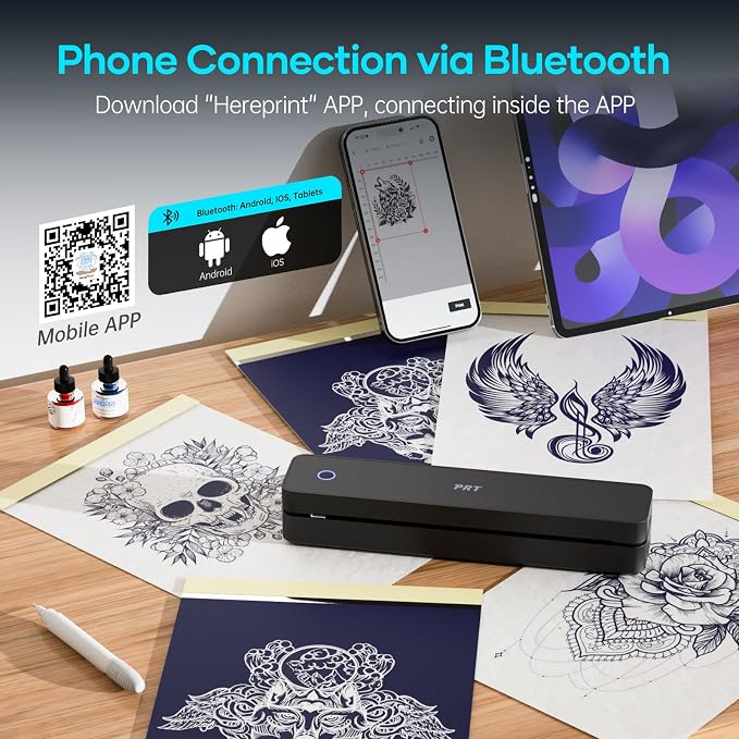 PRT Tattoo Stencil Printer Wireless with 10pcs Transfer Paper, Portable Thermal Tattoo Printers for Tattoo Artists & Beginners, Compatible with Phone& Tablet& PC, Black