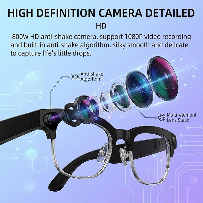 AI Smart Camera Glasses, 1080P HD POV Video Recording and Translator, Object Recognition, Bluetooth Audio for Music Calls, 290mAh Battery, Photochromic Lenses for Vlog, Travel and Work