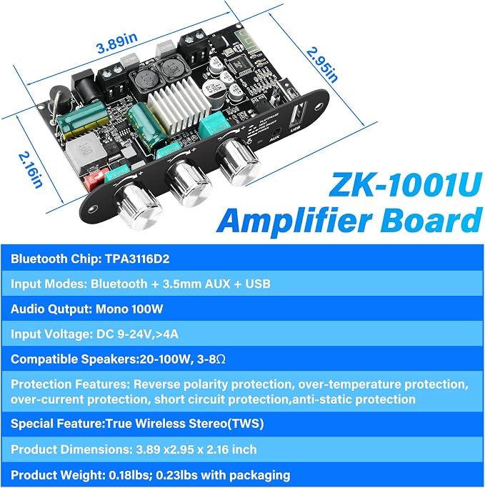 Daakro ZK-1001U Mono Bluetooth Amplifier Board with TWS, 100W Peak Power Home Audio Amplifier Board,Vehicle Amplifier Wide Voltage Input 9-24V,Supports USB/AUX/Bluetooth Input for DIY Wireless Speaker