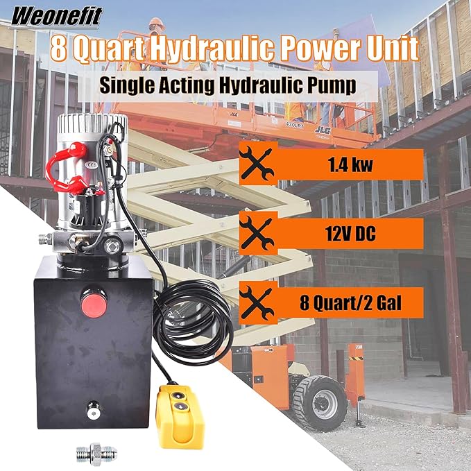 12V DC Hydraulic Pump Power Unit, 0.91 GPM Flow Rate, 8 Quart Metal Reservoir, Single Acting, 3200 PSI Max Pressure, SAE #6 Ports for Dump Trailers, Car Lifts, DIY Hydraulic Systems