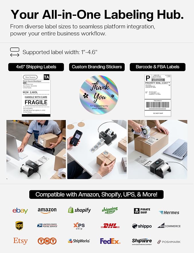 Phomemo Thermal Label Printer Upgraded with Touchable Screen, Shipping Label Printer for Small Business, 4x6 Wireless Thermal Label Printers for Shipping Package, with 4X6 Thermal Labels