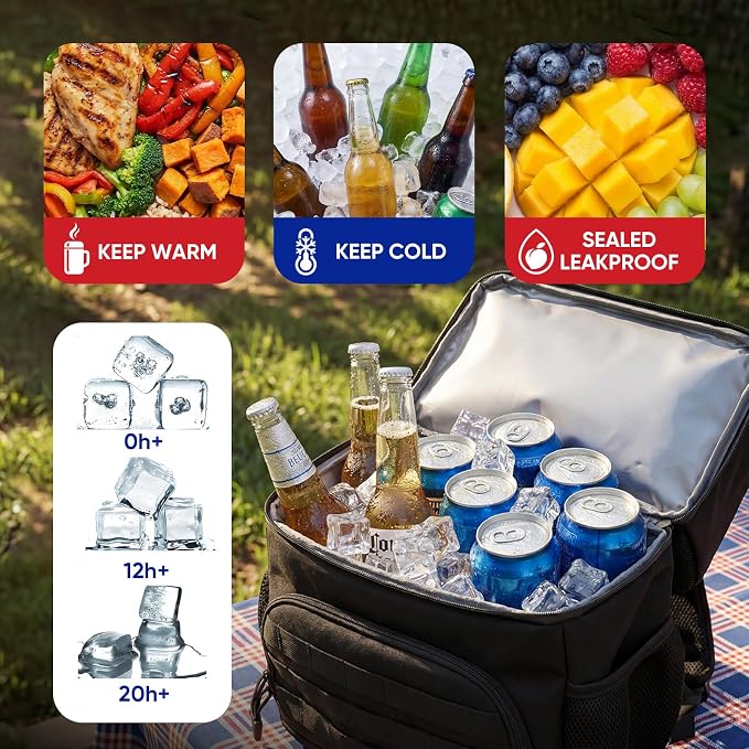 Backpack Cooler Insulated Lunch Bag, Double-Deck Leakproof Compartments Coolers Bag, 16-Can Capacity, RFID Pocket, Molle-Style Organizer, Lightweight for Work, Office, Travel, Hiking (Black)