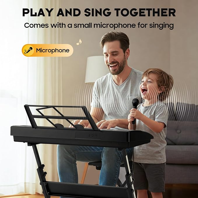 CAHAYA 61 Key Keyboard Piano – Electric Piano Set for Beginners with Stand & Stool, Microphone, Built-In Speakers, 128 Sounds & 128 Rhythms, Portable Electronic Keyboard