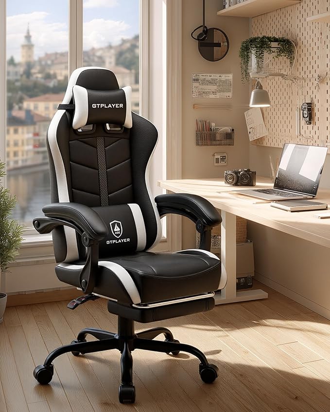 GTPLAYER Gaming Chair, Ergonomic Computer Office Chairs for Adults with Footrest, Height Adjustable, Linkage Armrests, 90-155° Recline & Headrest Lumbar Support, Black & White