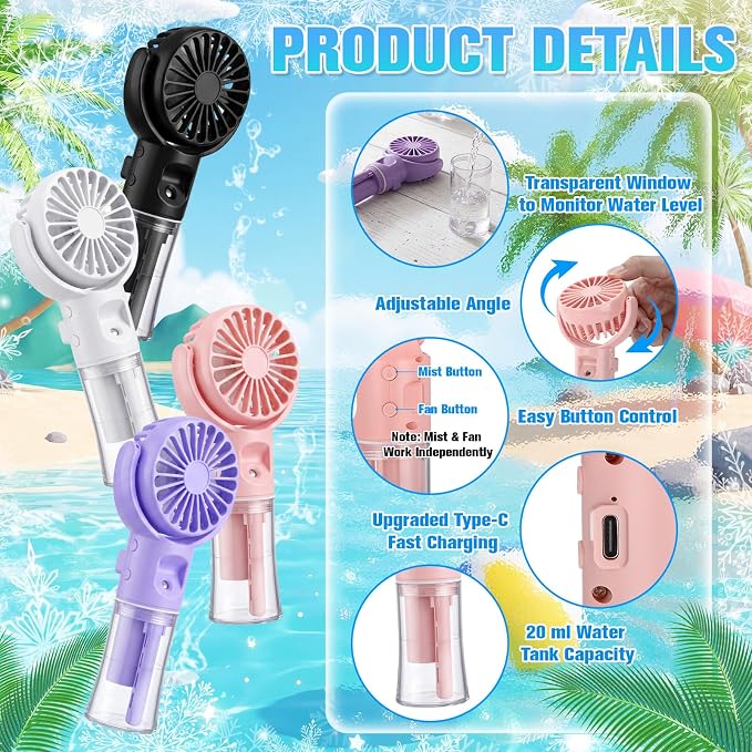 4 Pack Misting Fans Portable Handheld Rechargeable Handheld Spray Fans with 25ml Water Tank 4-speed Personal Cooling Fan, Usb-c Mini Hand Fan for Travel Outdoor Sports Camping Office Home