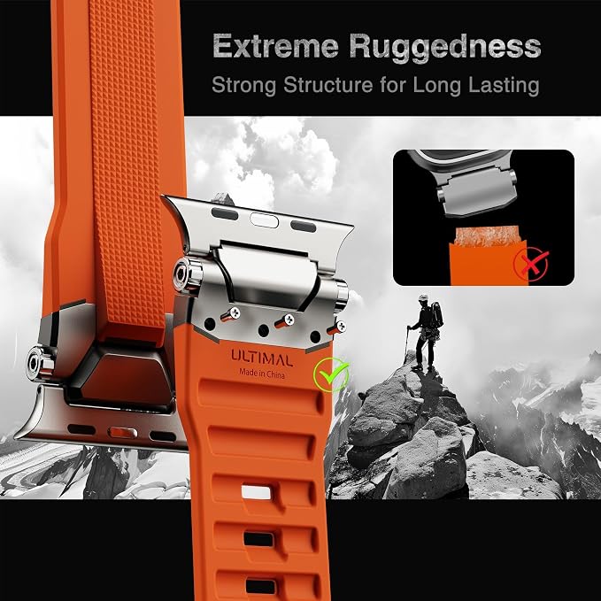 ULTIMAL Rugged Band for Apple Watch Ultra 3/2/1 49mm, Series 11/10/9/8/7/6/5/4 SE 46mm/45mm/44mm, Waterproof, Soft TPU Strap with Stainless Steel Buckle & Connectors, Sweat-Resistant, Easy to Clean, Fits 155-225mm Wrist (Titanium/Orange)