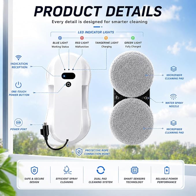 RINLAIN Window Cleaning Robot, 2026 Upgraded Robot Window Cleaner with 2700-3300Pa Variable Suction, Dual-Side Spray & Edge Detection for Glass Mirrors