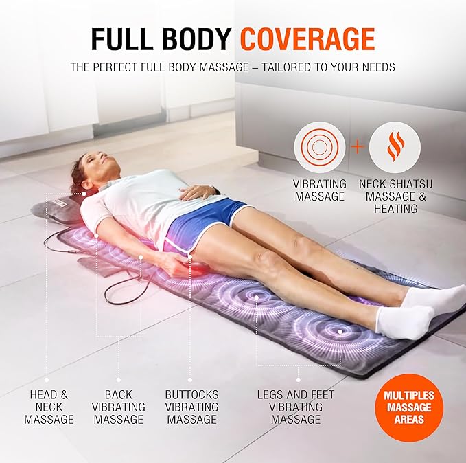 Powermat Full Body Massage Mat with Heat - Shiatsu Back Massager Pad for Bed, Chair & Recliner - Electric Vibrating Heating Pad - Whole Body Massager Mat for Pain Relief - Massage Mattress by Powerfit