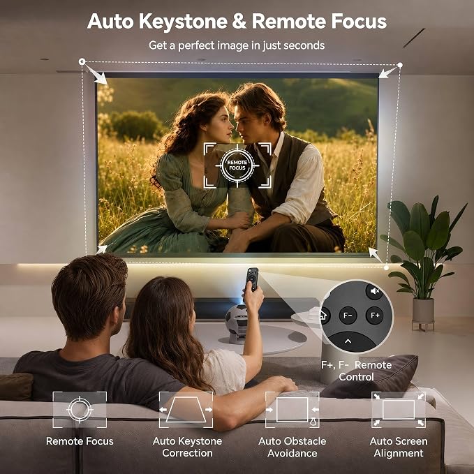 [Built in APP & Electric Focus] Smart Mini Projector with WiFi 6 & Bluetooth 5.4, Movie Projector for Bedroom Outdoor, Auto Keystone, 1080P Supported, Compatible with Smartphone HDMI USB