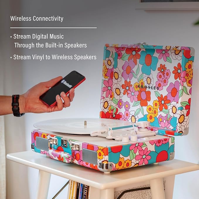 Crosley CR8005F-GF Cruiser Plus Vintage 3-Speed Bluetooth in/Out Suitcase Vinyl Record Player Turntable with Built-in Speakers, Groovy Floral