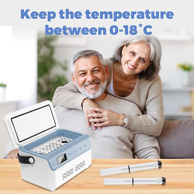 Electric Insulin Cooler Travel Case Box, Mini Insulin Fridge, Portable Insulin Refrigerator Diabetic Cooler Box for 4-5 Pens, 2-18℃ Temperature Control, with Handle, Power Supply, Rechargeable Battery