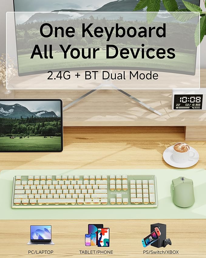 SEUNKWANG V3 Wireless Keyboard and Mouse Combo, Bluetooth/2.4G Rechargeable Light up Quiet Computer Keyboard and Mouse with White Backlit, Metal Panel Cute Keyboards-Green