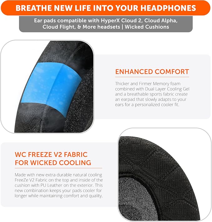 WC Freeze V2 Cloud - Angled Cooling Gel Earpads Compatible with HyperX Cloud Series by Wicked Cushions | Angled Pads for Extreme Comfort, New Freeze V2 Cooling Fabric, Extra Thick | Black Camo