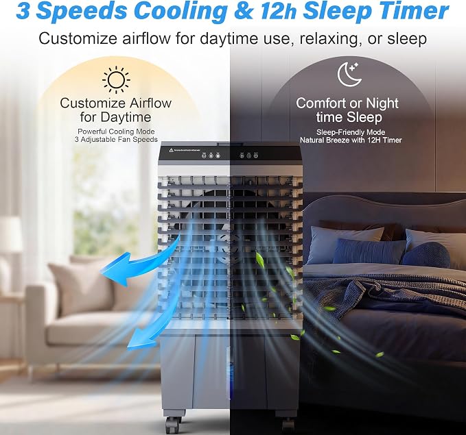 Portable Evaporative Air Cooler, 1800CFM Swamp Cooler with 5.5 Gallon Top Fill Tank, 4 Ice Packs, 120° Oscillation, 3 Speeds, 12 Hour Timer, Remote, for Home Office Bedroom