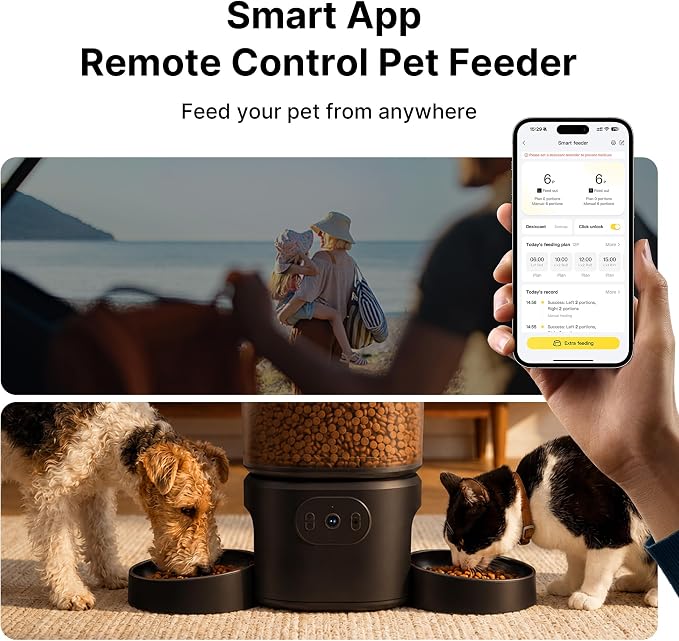 Automatic Cat Feeder 2 Cats with 3 Cameras, Dual Bowl Smart Pet Feeder, 1080P HD Video Night Vision& 2 Led Lights, 5G WiFi App Control, 1-10 Meals/Day Detachable Design with Desiccant