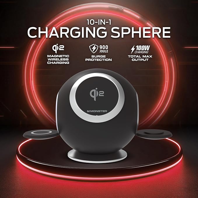 Monster 10 in 1 Charging Station, Includes 3 AC Outlets, 2 USB-A Ports, 2 USB-C PD Ports (65W Max), 3 Wireless Chargers Compatible with Qi Compatible Phones (15W), Apple Watch (5W), Air Pods (2.5W)