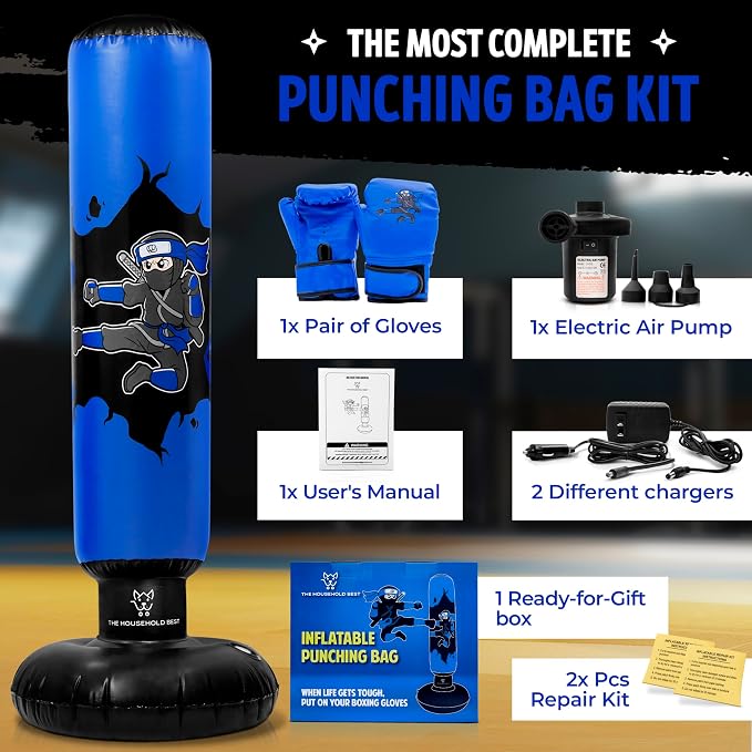 THB Punching Bag for Kids - Inflatable Punching Bag with Boxing Gloves for Kids Age 3-8, 63” Ninja Boxing Bag with Electric Air Pump to Practice Taekwondo, Karate, MMA, Bouncing Back