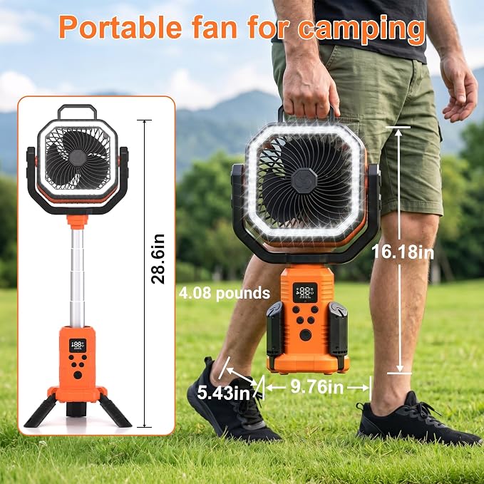 Portable Rechargeable Fan with Stand,20000mAh Battery Powered Camping Fan with LED Lantern& Remote,Cordless,4 Speeds Wind,Timer for Travel Tent, Fishing,Rv Camping Essentials-Orange