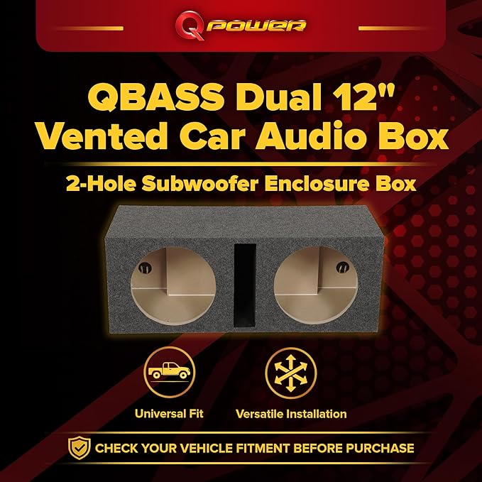 QPower QBASS Dual 12 Inch Car Audio Subwoofer Box, Charcoal Gray Carpet Finish - MDF Woofer Enclosure, Single Slot Port Vent, Deep Bass Sound System for Truck and Stereo