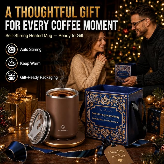 Self Stirring Heated Coffee Mug, 10 oz Auto Magnetic Mixing Cup, MochaBrown | 304 stainless steel interior. Includes 3 heat settings, 8H auto shut-off, plug-in base for home office desk