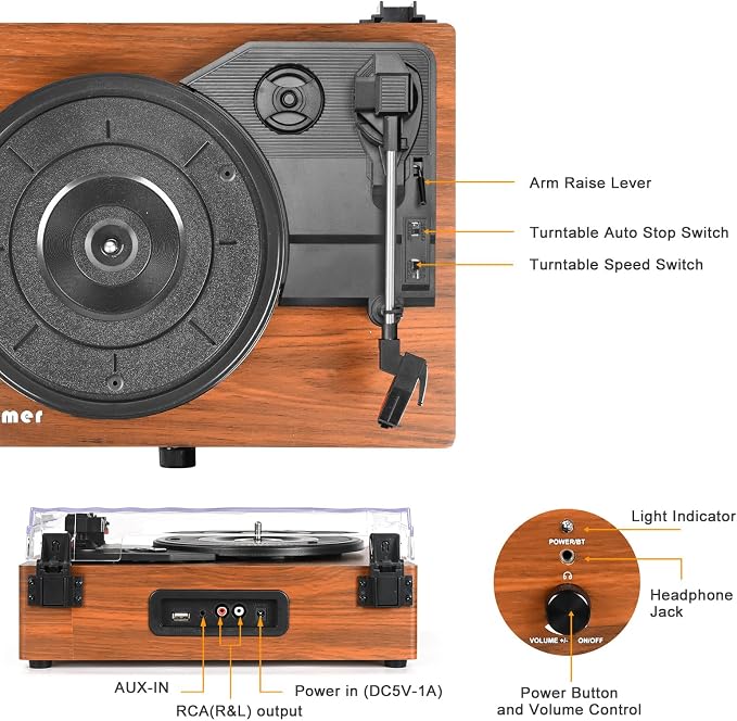 Vinyl Record Player with Upgraded Speakers and USB,Belt-Driven Bluetooth Turntable with 3 Speed AUX Input Headphone Jack and RCA Output