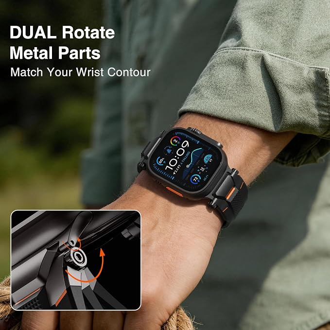 ULTIMAL Rugged Band for Apple Watch Ultra 3/2/1 49mm, Series 11/10/9/8/7/6/5/4 SE 46mm/45mm/44mm, Waterproof, Soft TPU Strap with Stainless Steel Buckle & Connectors, Sweat-Resistant, Easy to Clean, Fits 155-225mm Wrist (Black/Black)