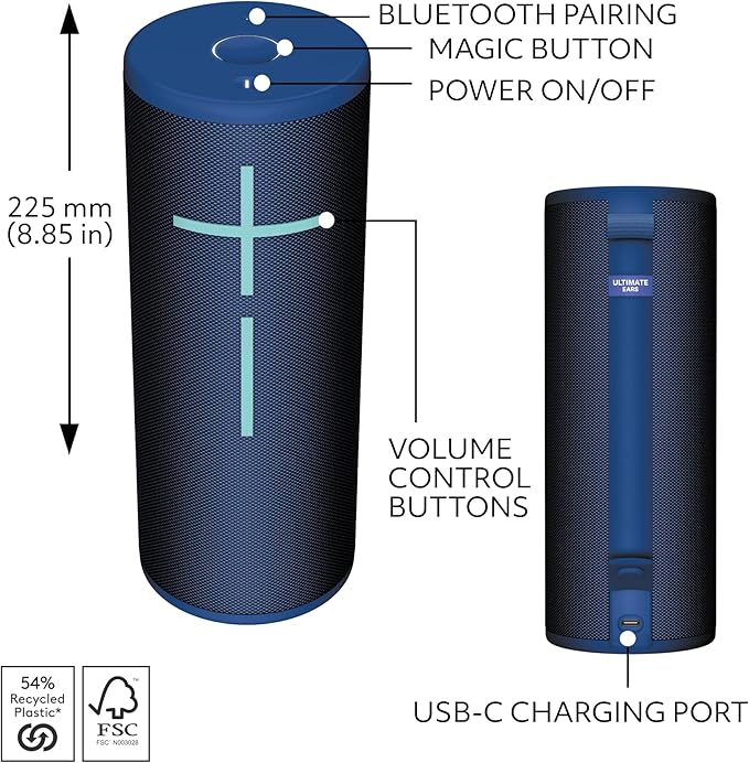 Ultimate Ears MEGABOOM 4 Portable Waterproof Bluetooth Speaker, 360-Degree Sound, Thundering Bass, 147ft Range, 20-Hour Battery, Floating Speaker - Blue (Renewed)