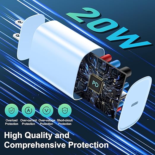 Phone 14 13 12 11 Fast Charger,6FT Long Phone Chargers Fast Charging Lightning Cable with 20W USB C Charger Block for Phone 14/14 Pro Max/13/13 Pro Max/12/12 Pro Max/11/11Pro/XS/Max/XR/X,Pad,Blue