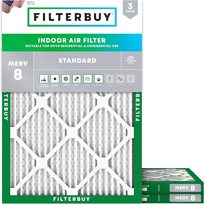 Filterbuy 17.25x19.25x1 Air Filter MERV 8 Essential Dust & Allergy Defense (3-Pack), Electrostatic Pleated HVAC AC Furnace Filters Replacement, Made in USA (Actual Size: 17.25 x 19.25 x 0.75)