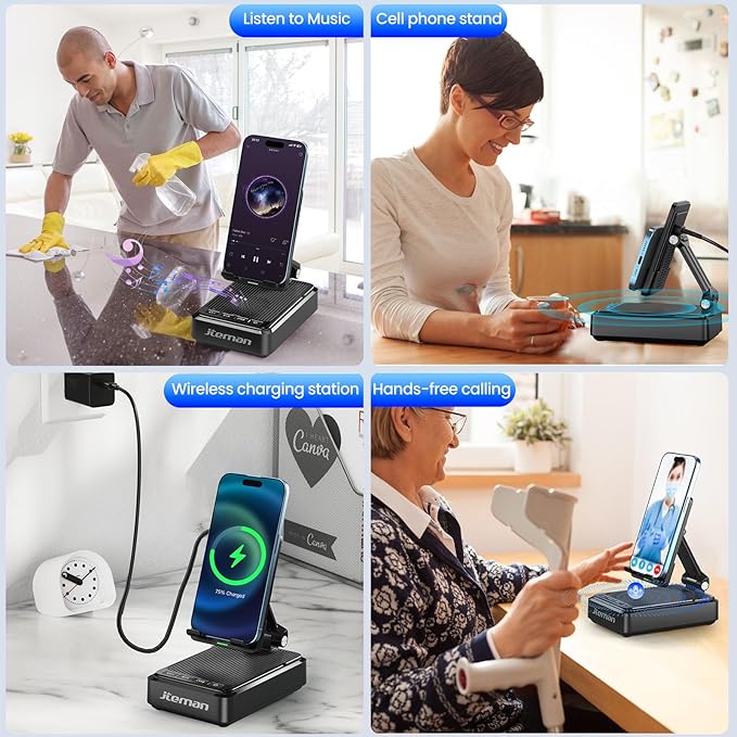Jteman Cell Phone Stand with Bluetooth Speaker and Wireless Charger, Desktop Charging Station Stand Speaker for iPhone, Christmas Birthday Gift for Men Women (Black)