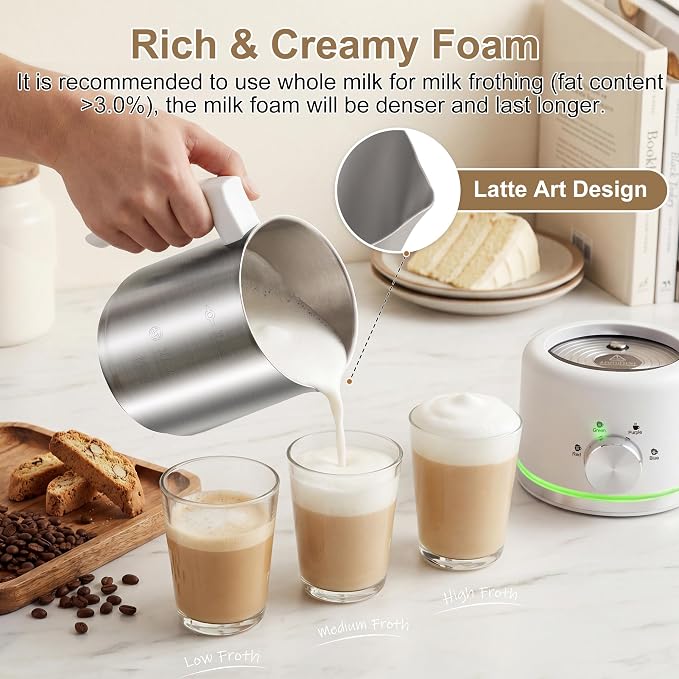 Milk Frother, 16.9 OZ Milk Frother and Steamer, 4 in 1 Electric Milk Frother Dishwasher Safe Durable Silent Frother for Coffee Hot and Cold Foam Maker (White Stainless)