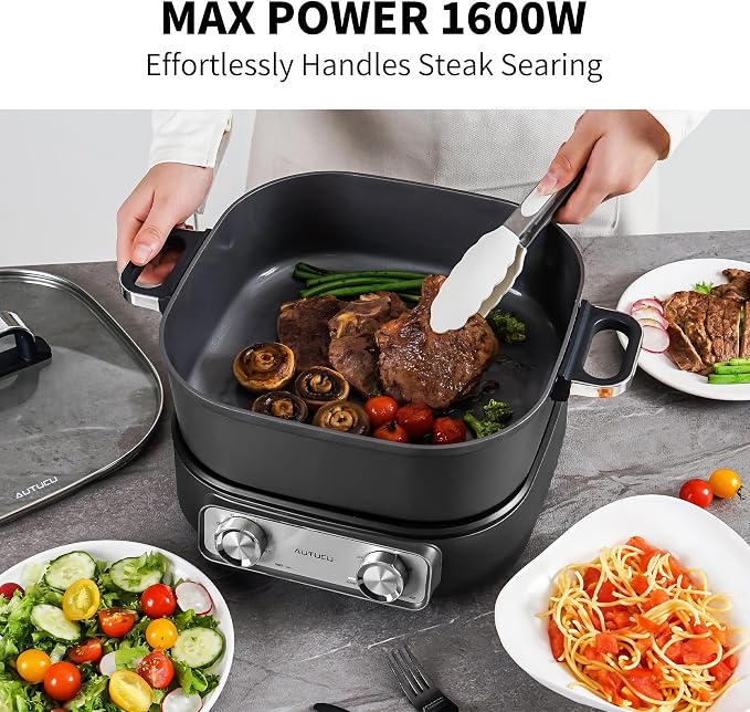 6-Quart Electric Skillet, Hot Pot | Non-Stick PFOA-Free Ceramic-Coated Pot, 1600W, Timer & 3 Power Settings for Steak, Egg, Ramen, Nonstick Pot