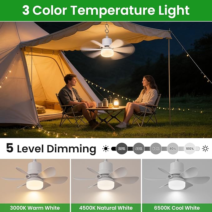 Solar Ceiling Fan with Light, 18000mAh Rechargeable Portable Camping Fan with Remote, 450CFM Strong Airflow, 17.5'' Battery Powered Ceiling Fan for Outside Gazebo, Canopy, Tent, RV