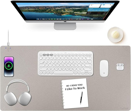 Wireless Charging Mouse Pad Firelison 2 in 1 Leather Multifunctional Office Desk Pad with Non-Slip Rubber Base, Waterproof Desk pad for Computers/Office/Work/Home/Decor（ 36" x 17"Grey - L）