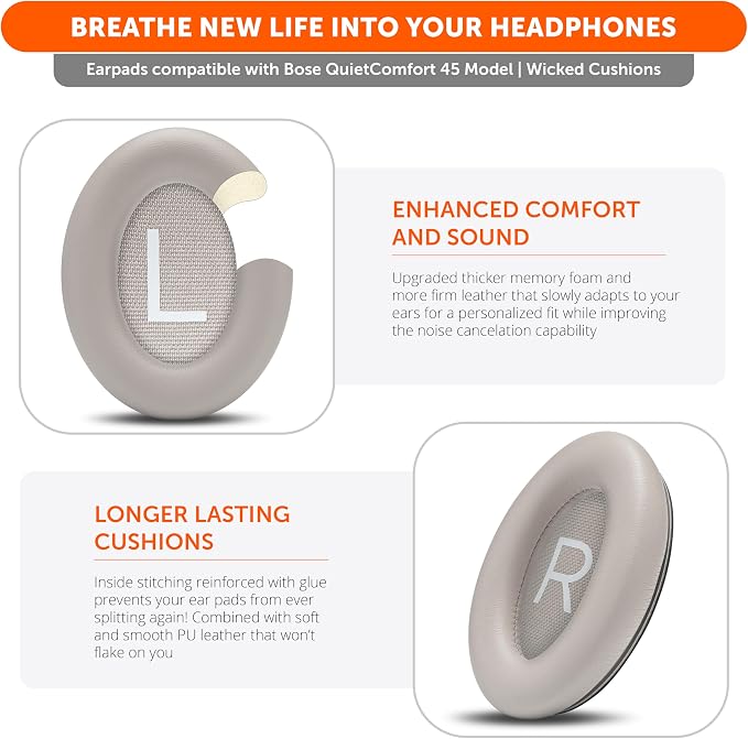 WC PadZ QC45 - Earpads for Bose QuietComfort 45 / QuietComfort Se/QuietComfort Wireless, Made by Wicked Cushions | Extra Thick Cushion | Premium Durable Stitching | Sandstone