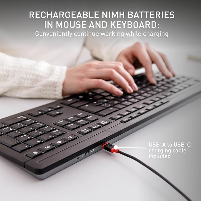 CHERRY Stream Desktop Recharge, Wireless Keyboard & Mouse Combo, 2.4 GHz Connection, Quiet Keys, Slim Design, Comfortable Writing, Rechargeable, White-Gray