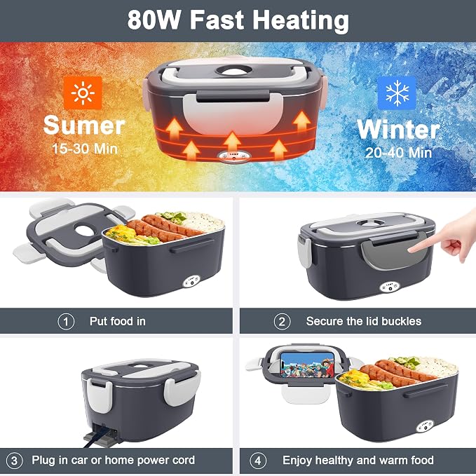 Electric Heated Lunch Boxes Adults: 80W Electric Lunch Box Food Heated 12/24/110V 1.5L Heatable Lunch Box for Car/Truck/Office Leak-Proof Stainless Steel Container, Fork & Spoon, Bag (Dark Grey)