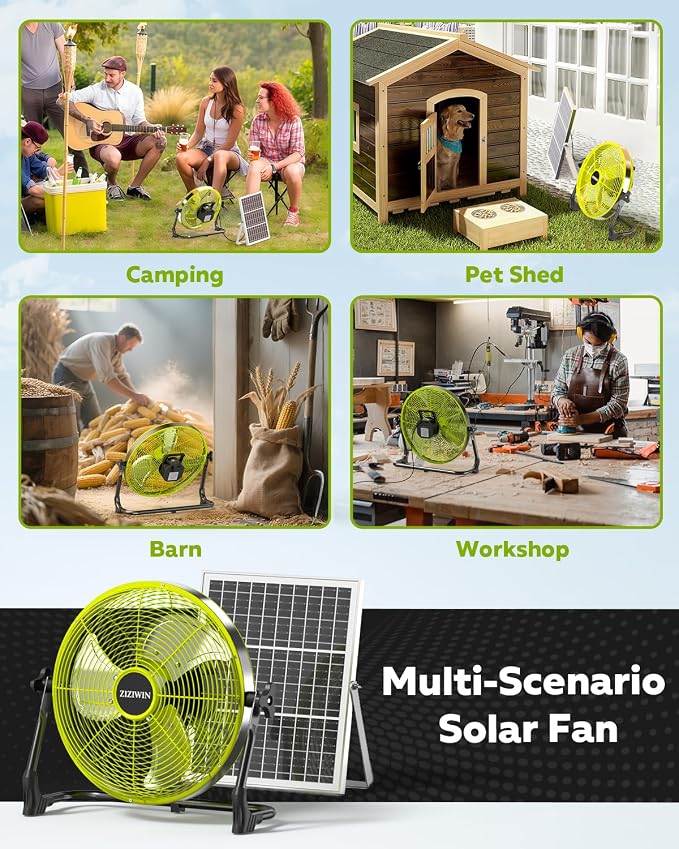 14" Solar Fan, 25W Solar Powered Cordless Greenhouse Fan, Rechargeable Battrey, Portable, 360° Tilt, 8~60H Runtime, for Outdoor Camping Gazebo Chicken Coop Patio Travel Shed Barn