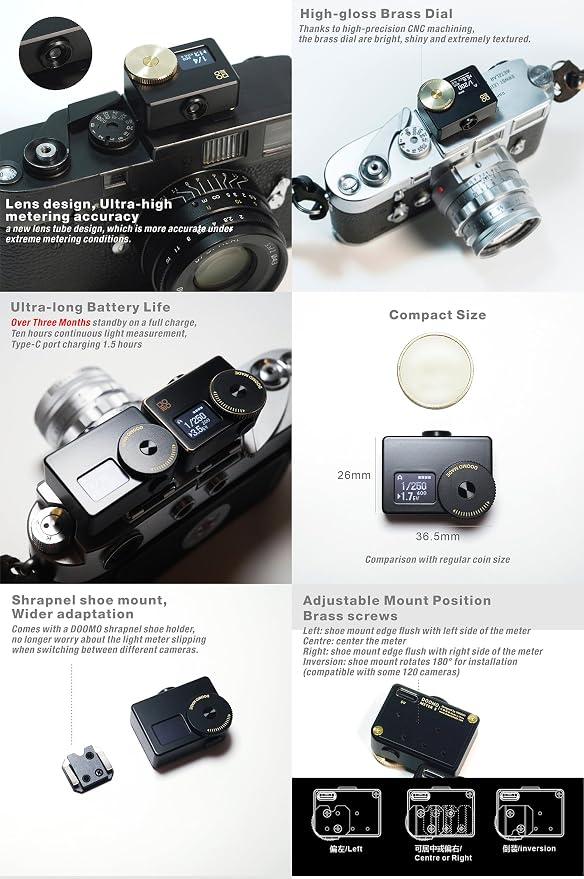 OLED Light Meter, Meter S Brass Version, New Screen Design, Real-time Metering and One-Button Metering for Vintage Cameras (Brass Dial)