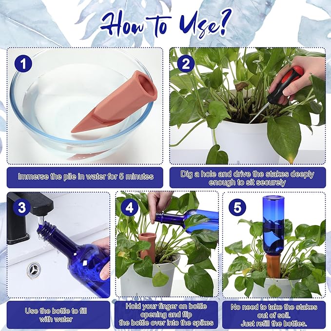 Teenyyou 12 Pcs Watering Spikes for Indoor Plants Include Terracotta Self Watering Spikes Devices and 26 oz Plastic Bottles Slow Release Vacation Insert Automatic(Blue)