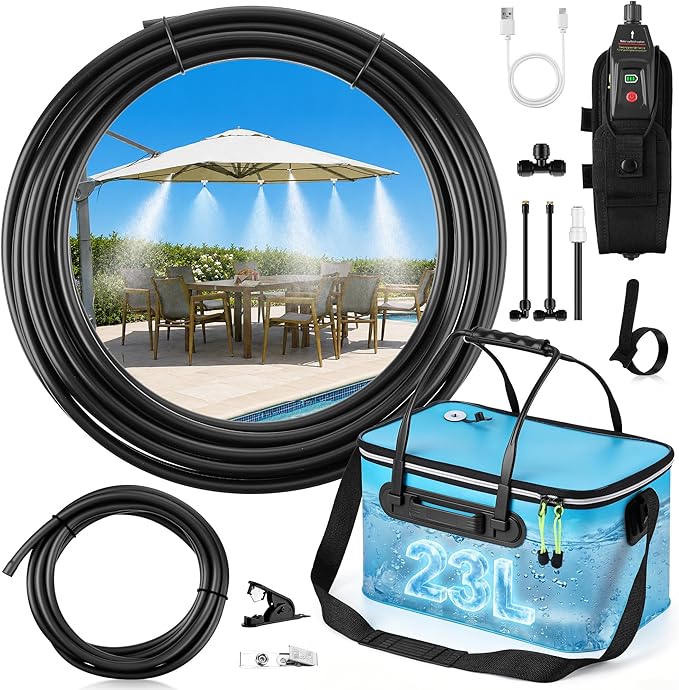 6 Gallon Portable Misting System, 30FT Cooling Misters with Water Mister Pump Foldable Bucket 8 Mist Nozzles for Outdoor Patios, Golf Carts, Greenhouses, Canopy, Camping, Hiking(Blue)