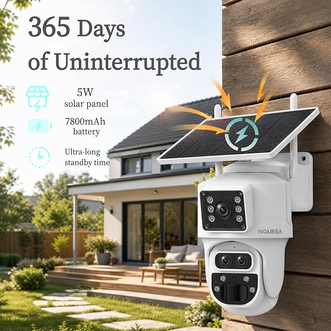 INQMQEGA 4G Solar Security Camera 3K Three Lenses 15X Zoom Outdoor Wireless Camera,PIR Human Motion Detection, Color Night Vision, Spotlight & Siren, Cloud & microSD Storage, App Control