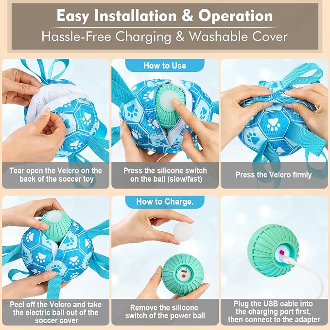 Interactive Dog Toys Dog Soccer Ball to Keep Them Busy,Durable Automatic Moving Jumping Dog Balls with Straps for Small/Medium/Large Dogs, USB Rechargeable,Not for Aggressive Chewers (Blue)