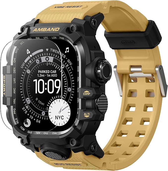 amBand Rugged Case with Band for Apple Watch Ultra 3/2/1 49mm, M3 Military Grade Shockproof Cover, Includes Screen Protector Kit, Tactical Band for Men - Compatible with iWatch Ultra, Sand Beige