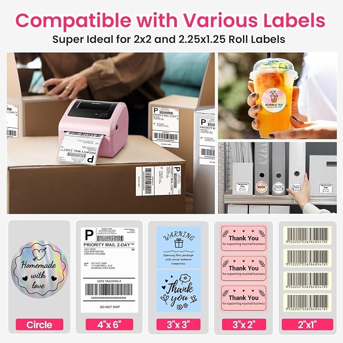 D450BT Bluetooth Shipping Label Printer and 250Pcs Roll Thermal Labels, Wireless Thermal Label Printer for Small Business, Thermal Printer for Shipping Labels