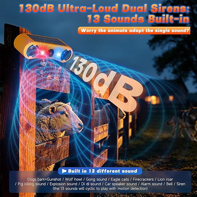 Solar Motion Sensor Alarm Outdoor, Red & Blue LED Strobe Light with 130dB Dual Speakers, 13 Loud Sounds Dog Barking & Siren, Continuous Loop Playback, 4 Working Modes for Home, Villa, Farm, Barn
