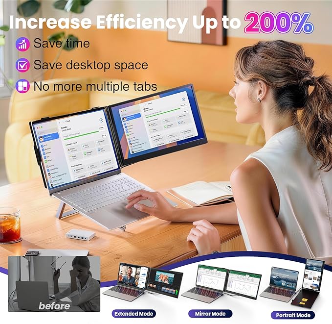 CIDETTY Laptop Screen Extender 0.27" Ultra-Thin, 14" Dual Portable Monitor FHD 1080P IPS, USB-C/HDMI Plug & Play Travel Screen for 13-17" Laptops, Compatible with Wins/Mac/Chrome/Switch/Android