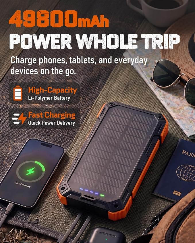 Solar Charger Power Bank - 49800mAh Solar Phone Charger with USB-C in/Output, QC 3.0 Fast Charging with LED Flashlight, Built-in 4 Cables, IP65 Waterproof Fits for Outdoor (Orange)