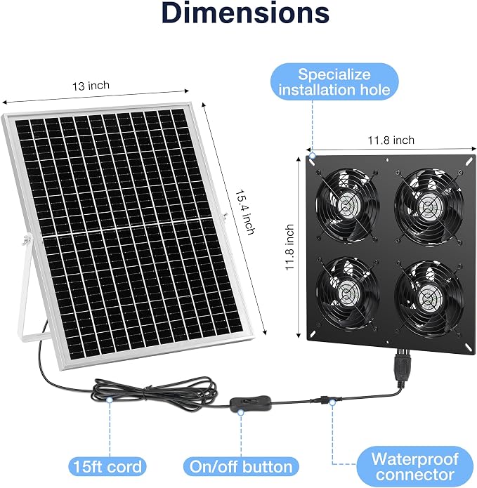 Fanspex Solar 4 Fan Kit, Waterproofed Solar Powered Fans for Outdoor Chicken Coop, Greenhouse & Shed Intake or Exhaust Air
